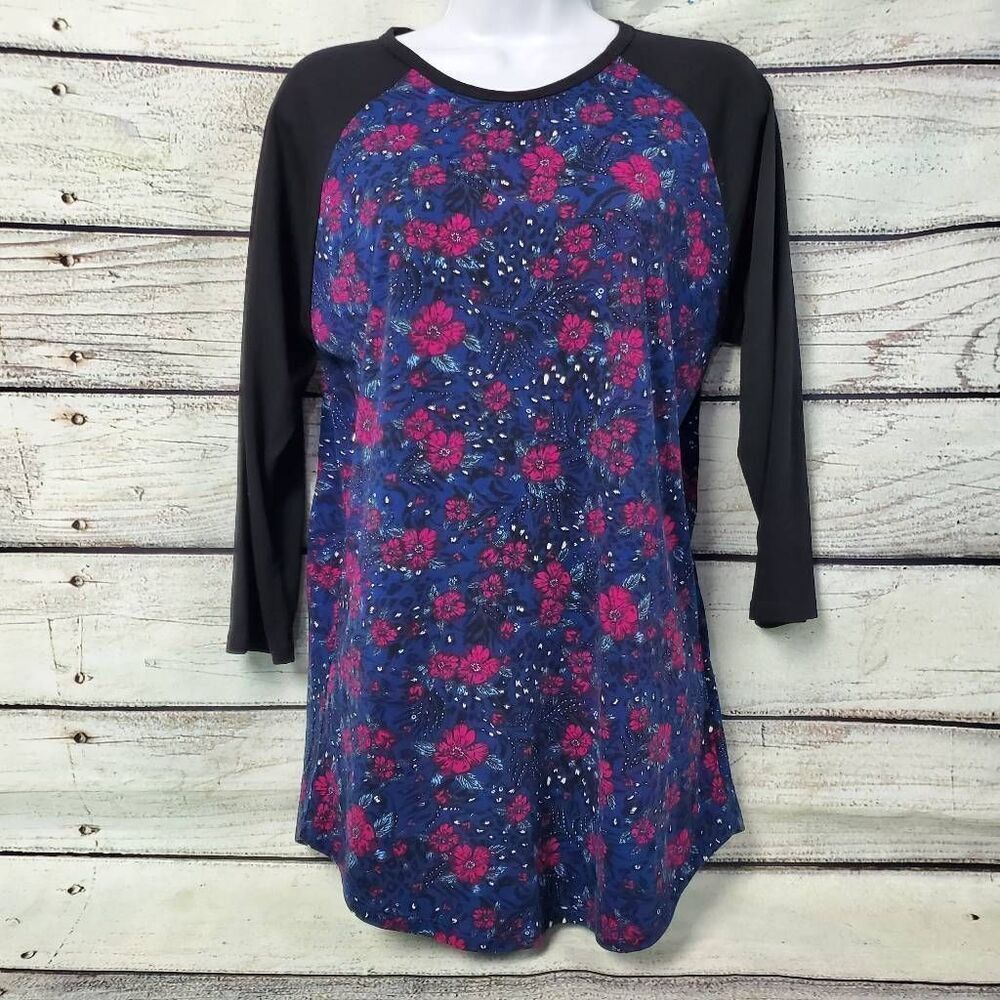 LuLaRoe Womens Medium Randy Top Black Sleeves Blue Pink Floral Raglan Tunic Shir